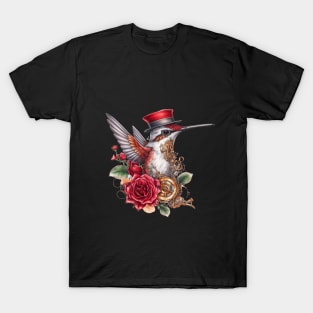 Steampunk Hummingbird with Red Hat and Clocks T-Shirt